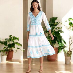 Soft Surroundings Juniper white blue floral embroidered tiered midi dress L